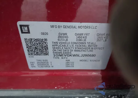 2020 Chevrolet Traverse Awd Lt Cloth from USA, damaged, VIN 1GNEVGKW5LJ290680